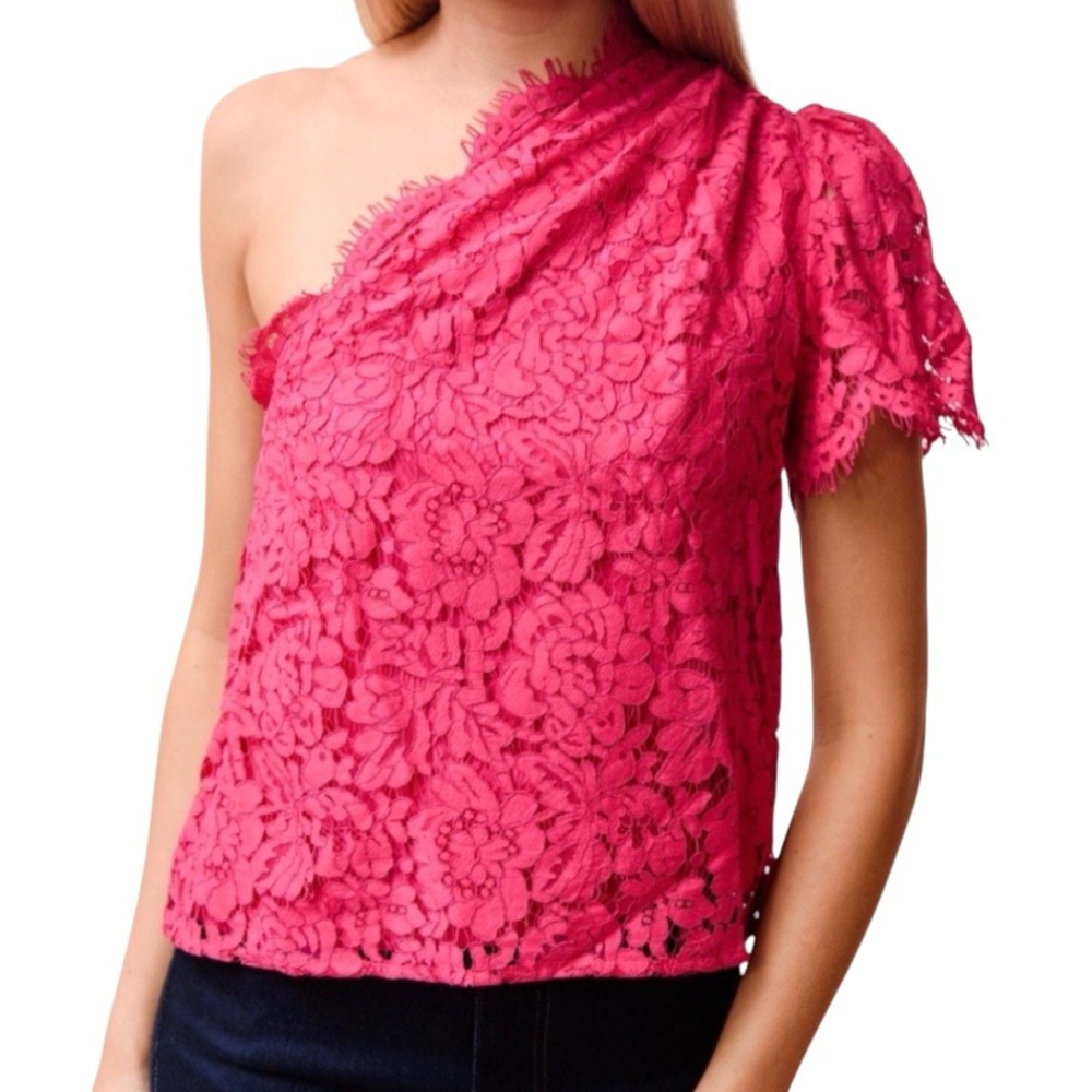 GENERATION LOVE Lined Hot Pink Lace ONE SHOULDER TOP Puff Sleeve SERITA sz XS